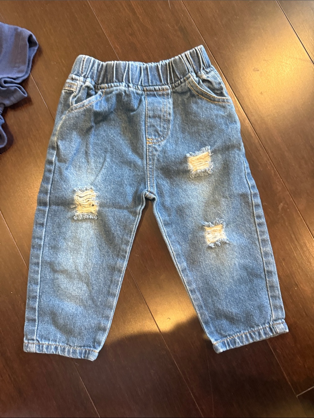 Kids Elastic Waist Distressed Denim Pants - Blue